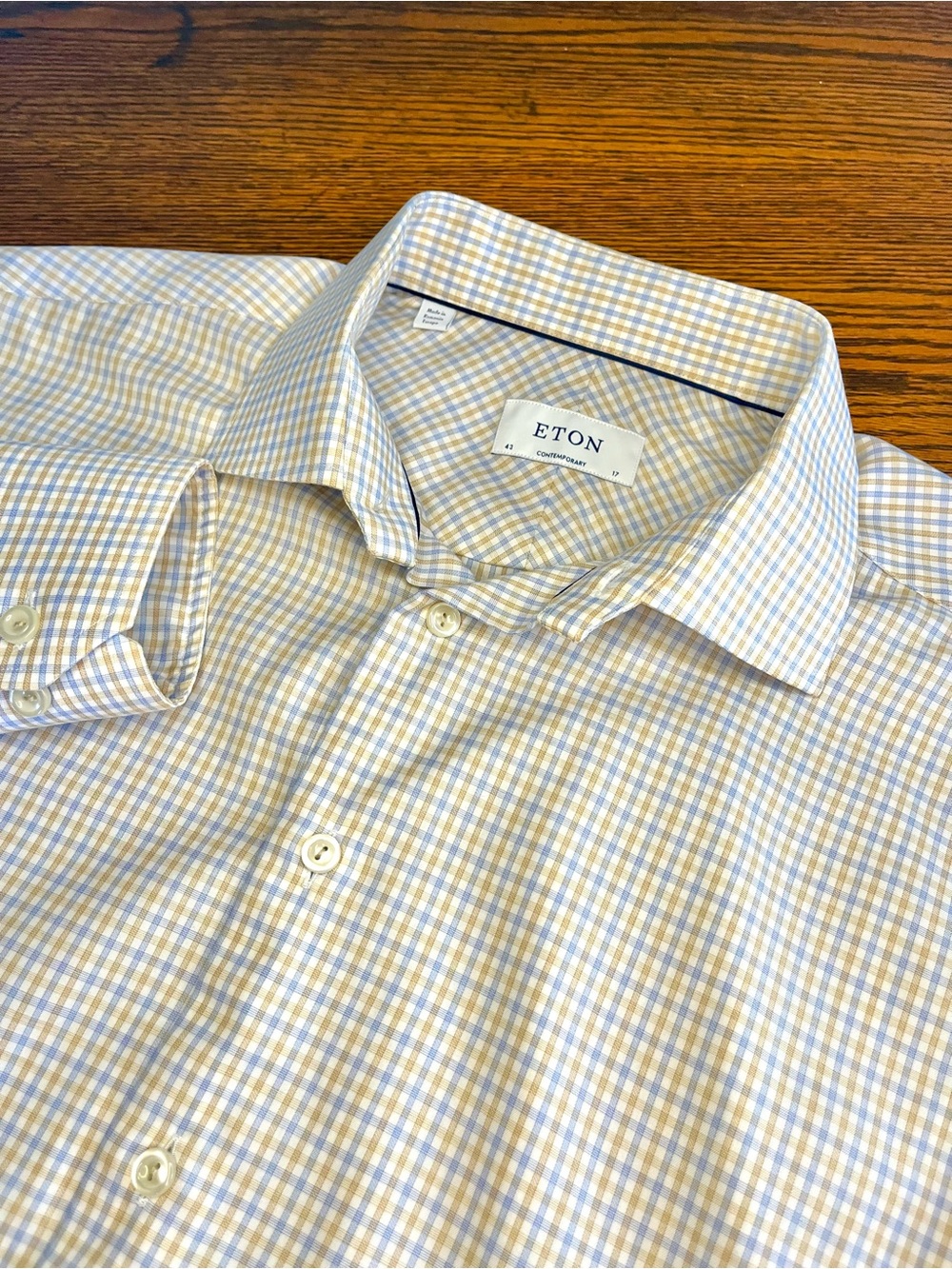 Eton Contemporary Dress Shirt Mens 43 17 Blue Gingham Long Sleeve Button Up